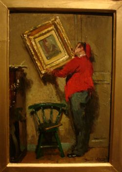 ophangen van een schilderij, 1873  -  David Oyens, model Pieter Oyens